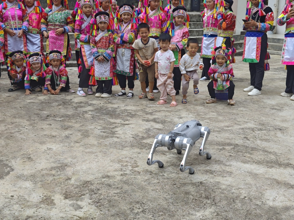 7月16日下午在南屏镇安王村委会安王村小组孩子们近距离观摩四足机器狗表演